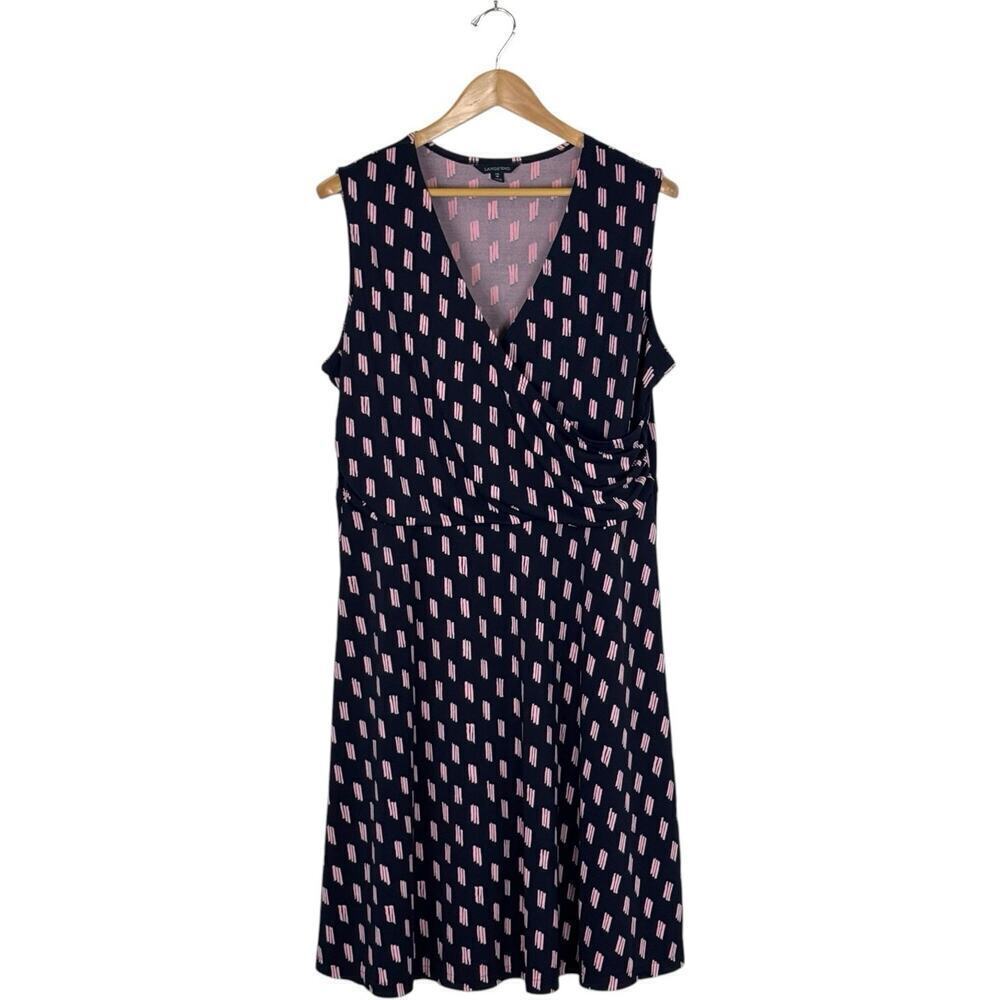 Lands End Printed Sleeveless Surplice V-Neck Knee Length Faux Wrap Dress Navy XL